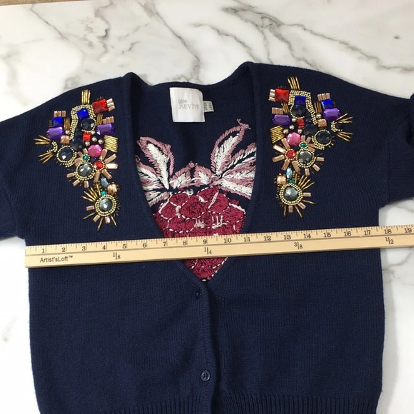 Asos‎ Revive Navy Cardigan Sweater Womens 6 Rhinestone Embroidered Embellished - Picture 11 of 13
